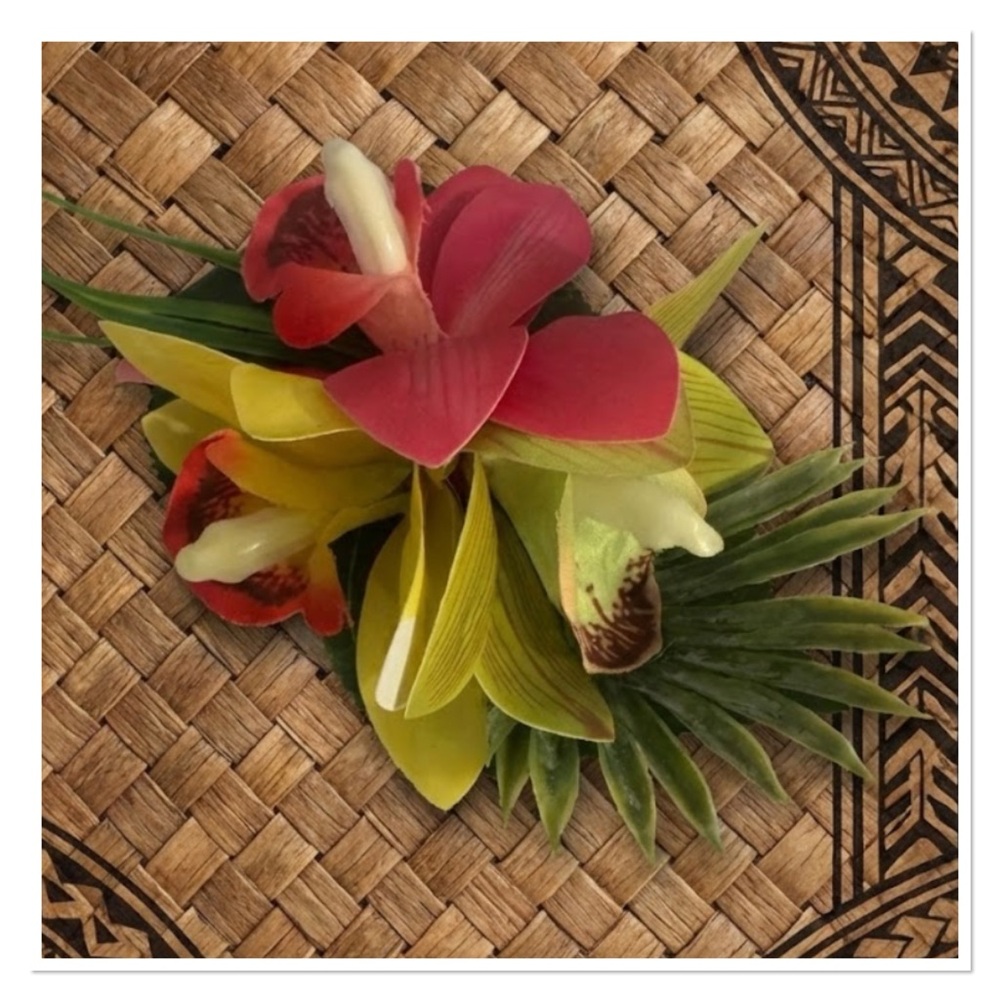 Tropical Hawaiian silk flower triple pink yellow and green orchids hair clip